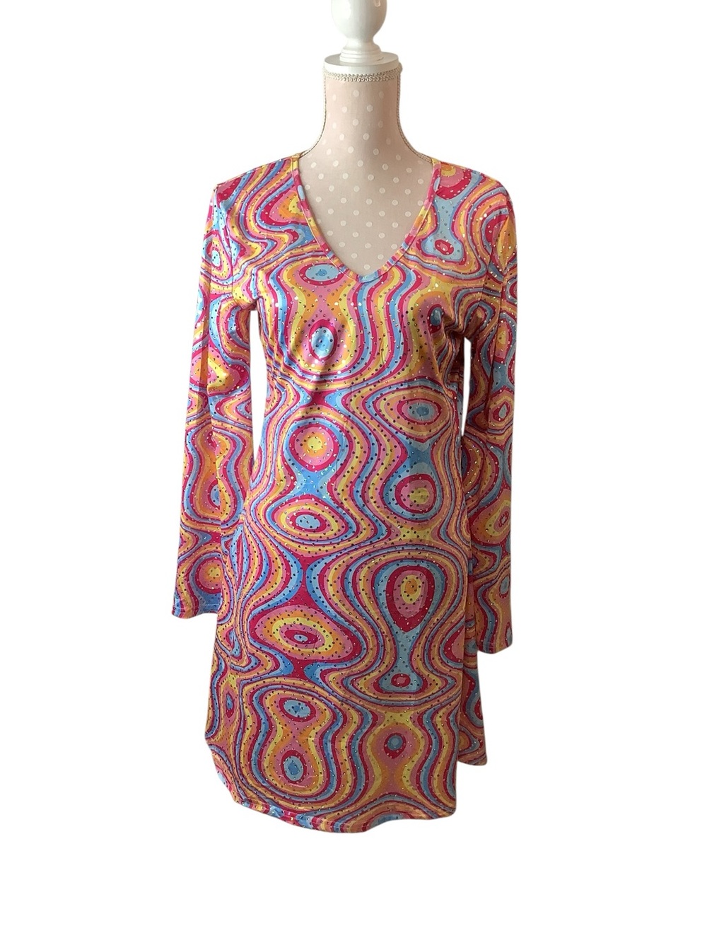 Clarisbelle Psychedelic Swirl V-Neck Sequined Long Sleeve Dress Size M